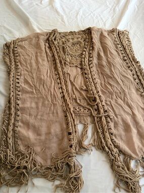 Miracle Boho Crochet Fringe Cardigan Taupe Size S/M
